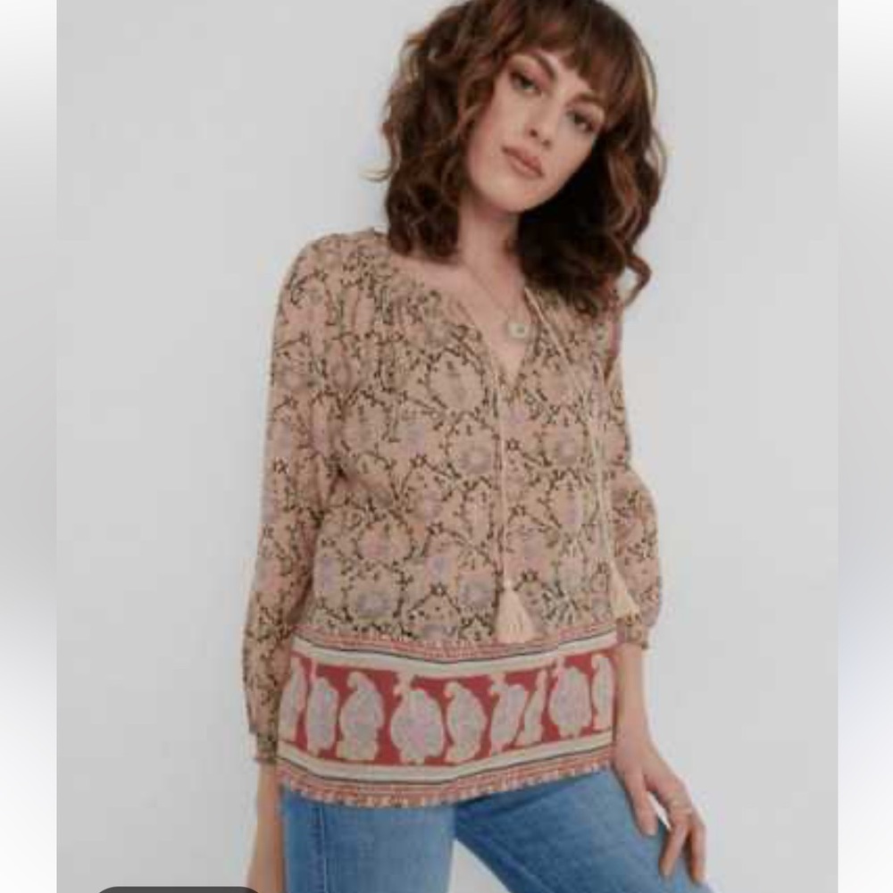 Lucky Brand Women's Paisley Boho Print Peasant Blouse Top Large